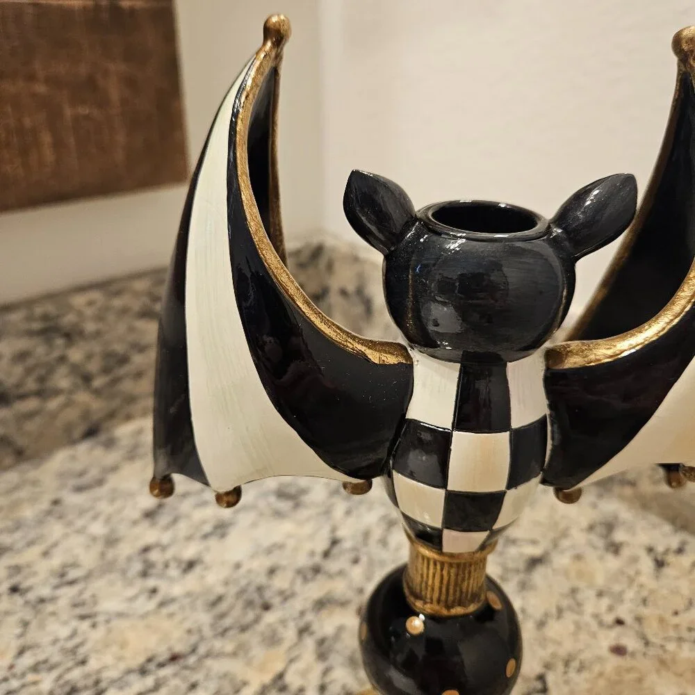 RARE MACKENZIE CHILDS HALLOWEEN BAT COURTLY CHECK FALL TAPER CANDLE HOLDER